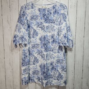 H&M Toile Linen Blend Jungle Tigers Blue White Shift Dress Tie Sleeve Size 14.